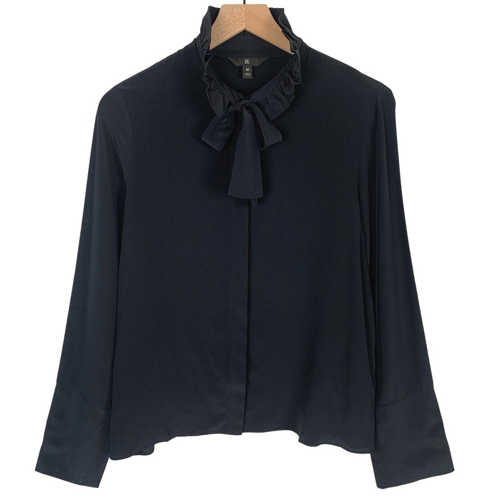 BANANA REPUBLIC 100% Silk Ruffle Neck Bow Tie Blouse Sz M Black Button Up Luxury